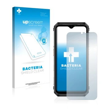 Vorderseite einer Produktverpackung mit dem Markenlogo upscreen. Daneben ist das Gerät Ulefone Power Armor 18T mit dem zugehör