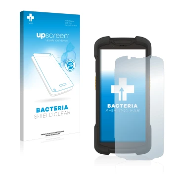 Vorderseite einer Produktverpackung mit dem Markenlogo upscreen. Daneben ist das Gerät Zebra TC73 mit dem zugehörigen Displays