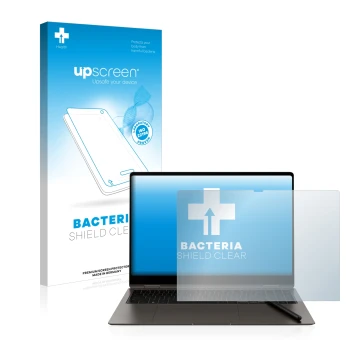 Vorderseite einer Produktverpackung mit dem Markenlogo upscreen. Daneben ist das Gerät Samsung Galaxy Book3 Pro 360 16