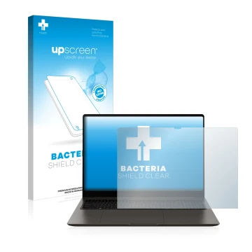 Vorderseite einer Produktverpackung mit dem Markenlogo upscreen. Daneben ist das Gerät Samsung Galaxy Book3 Ultra 16