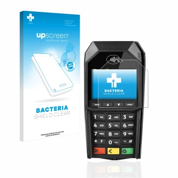 Vorderseite einer Produktverpackung mit dem Markenlogo upscreen. Daneben ist das Gerät ingenico Desk/1600 mit dem zugehörigen 