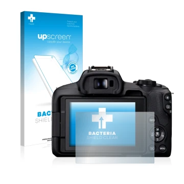 Vorderseite einer Produktverpackung mit dem Markenlogo upscreen. Daneben ist das Gerät Canon EOS R50 mit dem zugehörigen Displ