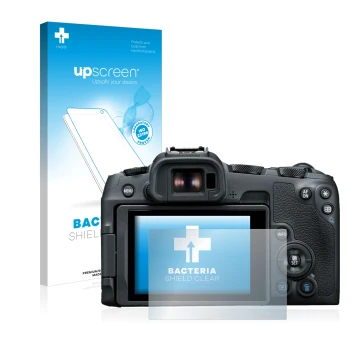Vorderseite einer Produktverpackung mit dem Markenlogo upscreen. Daneben ist das Gerät Canon EOS R8 mit dem zugehörigen Displa