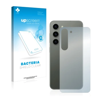 Vorderseite einer Produktverpackung mit dem Markenlogo upscreen. Daneben ist das Gerät Samsung Galaxy S23 Plus (Rückseite) mit