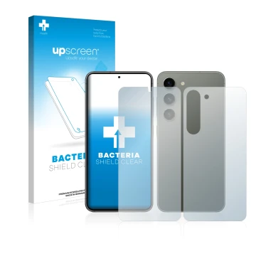 Vorderseite einer Produktverpackung mit dem Markenlogo upscreen. Daneben ist das Gerät Samsung Galaxy S23 Plus (Display+Rückse