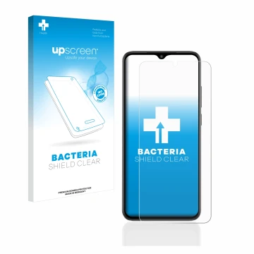 Vorderseite einer Produktverpackung mit dem Markenlogo upscreen. Daneben ist das Gerät Xiaomi Redmi A2 mit dem zugehörigen Dis