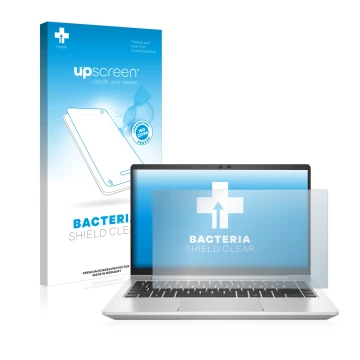 Vorderseite einer Produktverpackung mit dem Markenlogo upscreen. Daneben ist das Gerät HP ProBook 445 G8 mit dem zugehörigen D
