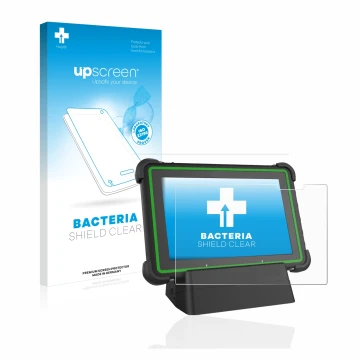 Vorderseite einer Produktverpackung mit dem Markenlogo upscreen. Daneben ist das Gerät Hella Gutmann Mega Macs X (tablet) mit 