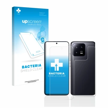 Vorderseite einer Produktverpackung mit dem Markenlogo upscreen. Daneben ist das Gerät Xiaomi 13 (Display+Rückseite) mit dem z