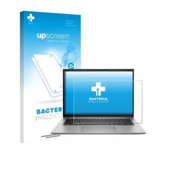 Vorderseite einer Produktverpackung mit dem Markenlogo upscreen. Daneben ist das Gerät HP Zbook Firefly 14 G9 mit dem zugehöri