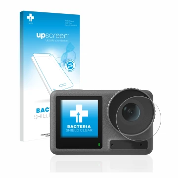 Vorderseite einer Produktverpackung mit dem Markenlogo upscreen. Daneben ist das Gerät DJI Osmo Action 3 (Linse) mit dem zugeh