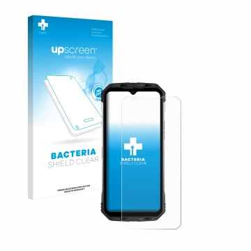 Vorderseite einer Produktverpackung mit dem Markenlogo upscreen. Daneben ist das Gerät Doogee S100 mit dem zugehörigen Display