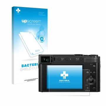Vorderseite einer Produktverpackung mit dem Markenlogo upscreen. Daneben ist das Gerät Panasonic Lumix DC-TZ202D mit dem zugeh