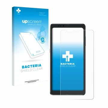 Vorderseite einer Produktverpackung mit dem Markenlogo upscreen. Daneben ist das Gerät Hisense A9 mit dem zugehörigen Displays