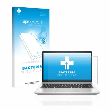 Vorderseite einer Produktverpackung mit dem Markenlogo upscreen. Daneben ist das Gerät HP EliteBook 640 G9 mit dem zugehörigen
