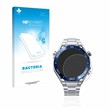 Vorderseite einer Produktverpackung mit dem Markenlogo upscreen. Daneben ist das Gerät Huawei Watch Ultimate (48.5 mm) mit dem
