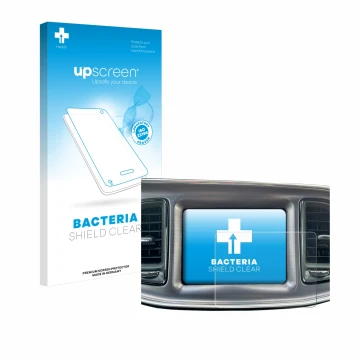 Vorderseite einer Produktverpackung mit dem Markenlogo upscreen. Daneben ist das Gerät Dodge Challenger Uconnect 8.4