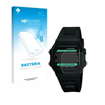 Vorderseite einer Produktverpackung mit dem Markenlogo upscreen. Daneben ist das Gerät Casio W-86-1VQES mit dem zugehörigen Di