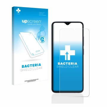 Vorderseite einer Produktverpackung mit dem Markenlogo upscreen. Daneben ist das Gerät Xiaomi Redmi 12C mit dem zugehörigen Di