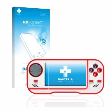 Vorderseite einer Produktverpackung mit dem Markenlogo upscreen. Daneben ist das Gerät Blaze Evercade mit dem zugehörigen Disp