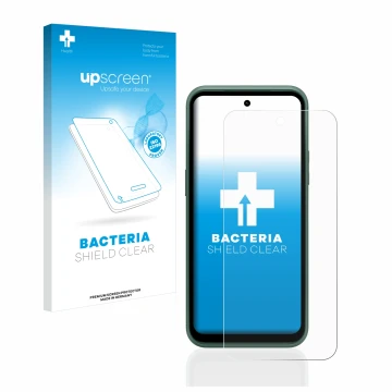 Vorderseite einer Produktverpackung mit dem Markenlogo upscreen. Daneben ist das Gerät Nokia XR21 mit dem zugehörigen Displays