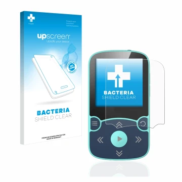 Vorderseite einer Produktverpackung mit dem Markenlogo upscreen. Daneben ist das Gerät AGPtek A65X MP3 Player with clip mit de