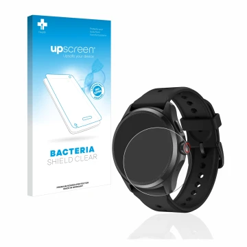 Vorderseite einer Produktverpackung mit dem Markenlogo upscreen. Daneben ist das Gerät Mobvoi TicWatch Pro 5 mit dem zugehörig