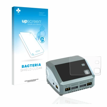 Vorderseite einer Produktverpackung mit dem Markenlogo upscreen. Daneben ist das Gerät SkyRc D200 neo mit dem zugehörigen Disp