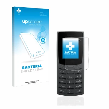 Vorderseite einer Produktverpackung mit dem Markenlogo upscreen. Daneben ist das Gerät Nokia 110 (2023) mit dem zugehörigen Di