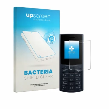 Vorderseite einer Produktverpackung mit dem Markenlogo upscreen. Daneben ist das Gerät Nokia 110 4G (2023) mit dem zugehörigen