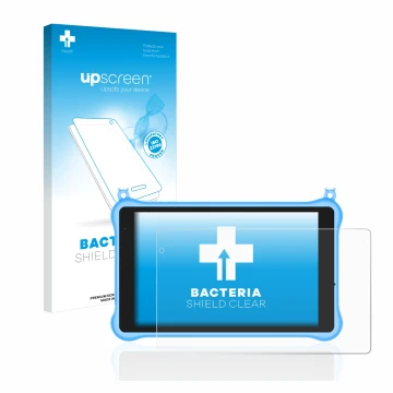 Vorderseite einer Produktverpackung mit dem Markenlogo upscreen. Daneben ist das Gerät Blackview Tab 5 Kids mit dem zugehörige