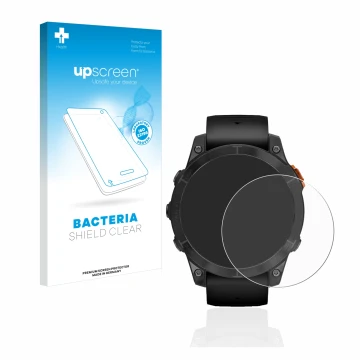 Vorderseite einer Produktverpackung mit dem Markenlogo upscreen. Daneben ist das Gerät Garmin Fenix 7 Pro Solar (47 mm) mit de