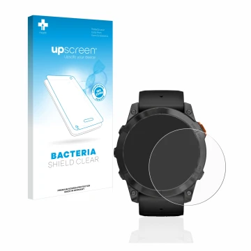 Vorderseite einer Produktverpackung mit dem Markenlogo upscreen. Daneben ist das Gerät Garmin Fenix 7X Pro Solar (51 mm) mit d