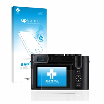 Vorderseite einer Produktverpackung mit dem Markenlogo upscreen. Daneben ist das Gerät Leica Q3 mit dem zugehörigen Displaysch