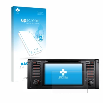 Vorderseite einer Produktverpackung mit dem Markenlogo upscreen. Daneben ist das Gerät Xtrons IQ7039B mit dem zugehörigen Disp