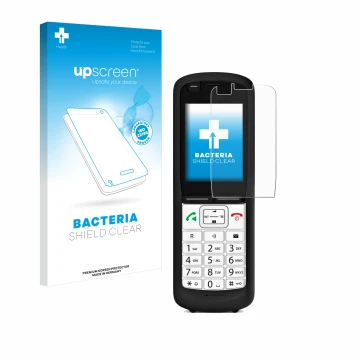 Vorderseite einer Produktverpackung mit dem Markenlogo upscreen. Daneben ist das Gerät Unify OpenScape DECT Phone R6 mit dem z