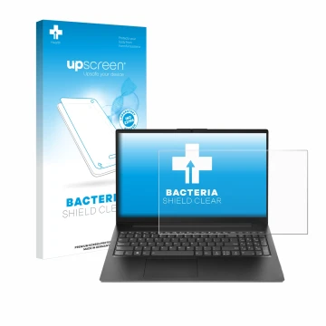 Vorderseite einer Produktverpackung mit dem Markenlogo upscreen. Daneben ist das Gerät Lenovo V15 Gen 4 AMN mit dem zugehörige