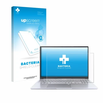 Vorderseite einer Produktverpackung mit dem Markenlogo upscreen. Daneben ist das Gerät ASUS Vivobook 16 M1605 mit dem zugehöri