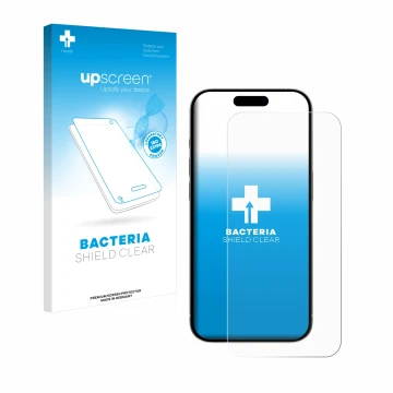 Vorderseite einer Produktverpackung mit dem Markenlogo upscreen. Daneben ist das Gerät Apple iPhone 15 Plus mit dem zugehörige