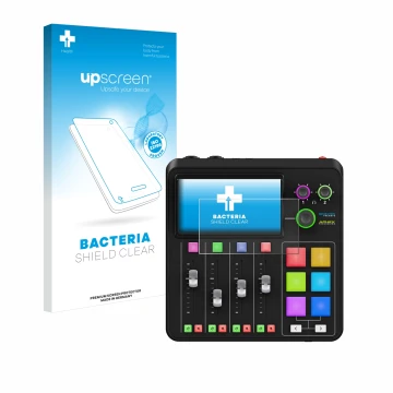 Vorderseite einer Produktverpackung mit dem Markenlogo upscreen. Daneben ist das Gerät Rode Rodecaster Duo mit dem zugehörigen