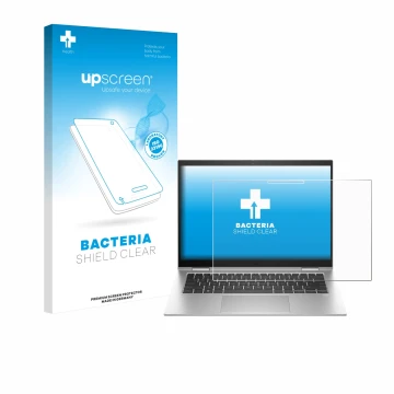 Vorderseite einer Produktverpackung mit dem Markenlogo upscreen. Daneben ist das Gerät HP EliteBook x360 1040 G10 mit dem zuge