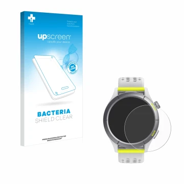 Vorderseite einer Produktverpackung mit dem Markenlogo upscreen. Daneben ist das Gerät Huami Amazfit Cheetah mit dem zugehörig