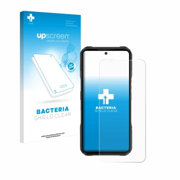 Vorderseite einer Produktverpackung mit dem Markenlogo upscreen. Daneben ist das Gerät Doogee V20 Pro mit dem zugehörigen Disp