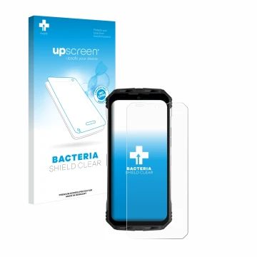 Vorderseite einer Produktverpackung mit dem Markenlogo upscreen. Daneben ist das Gerät Doogee S100 Pro mit dem zugehörigen Dis