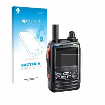 Vorderseite einer Produktverpackung mit dem Markenlogo upscreen. Daneben ist das Gerät Yaesu FT-5DE/DR mit dem zugehörigen Dis