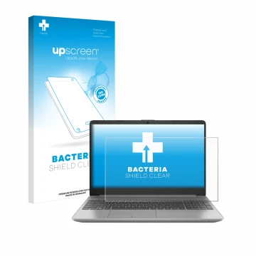 Vorderseite einer Produktverpackung mit dem Markenlogo upscreen. Daneben ist das Gerät HP 250 G9 mit dem zugehörigen Displaysc