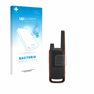 Vorderseite einer Produktverpackung mit dem Markenlogo upscreen. Daneben ist das Gerät Motorola Talkabout T82 mit dem zugehöri