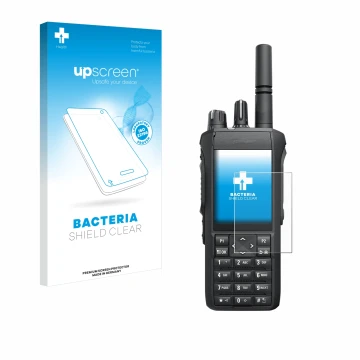 Vorderseite einer Produktverpackung mit dem Markenlogo upscreen. Daneben ist das Gerät Motorola Mototrbo R7 mit dem zugehörige