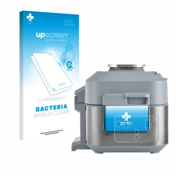 Vorderseite einer Produktverpackung mit dem Markenlogo upscreen. Daneben ist das Gerät Ninja Speedi Rapid Cooking System mit d
