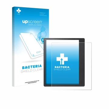 Vorderseite einer Produktverpackung mit dem Markenlogo upscreen. Daneben ist das Gerät Kobo Elipsa 2E mit dem zugehörigen Disp